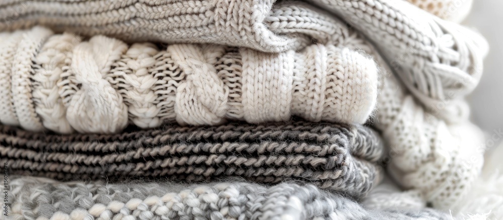 Poster Stack warm knitted sweaters in white and gray shades. with copy space image. Place for adding text or design