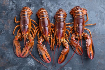 Four Fresh Lobsters on Dark Background
