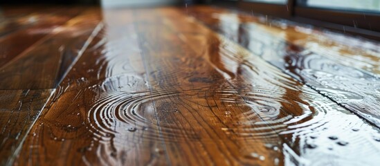 Laminate and water. Waterproof laminate. Wooden floors are impervious to moisture. Floor coverings protect from water. A puddle on the floor. with copy space image. Place for adding text or design