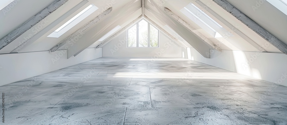 Poster modern attic construction site freshly painted, the floor is still screed, walls are white. with cop