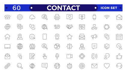 Contact outline Icons.Contact symbols - Phone, mail, fax, info, e-mail, support.Containing e-mail, phone, address, customer service, call, website and more.