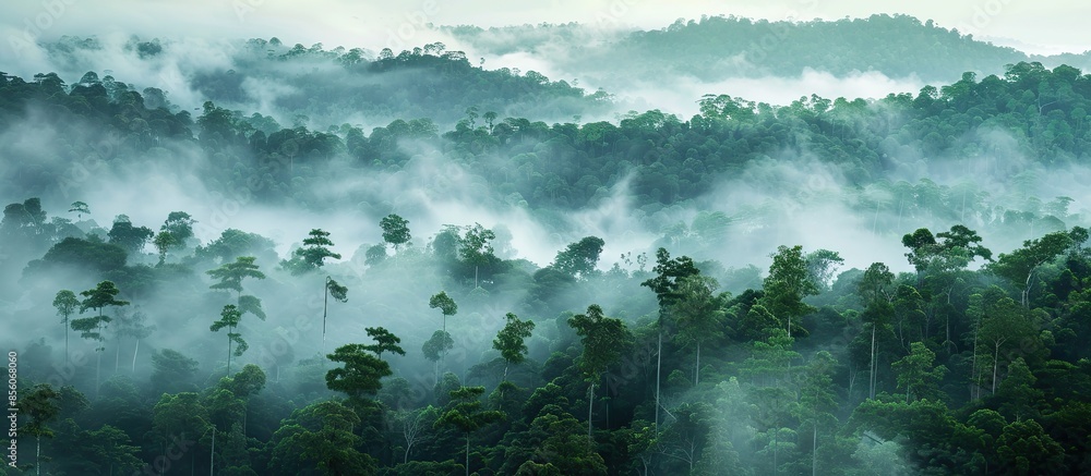 Leinwandbilder forest covered in white fog. copy space image. place for adding text or design