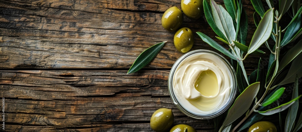 Fototapete serum and moisturizing cosmetic cream with olive extract for skin with branch and olives on wood tab