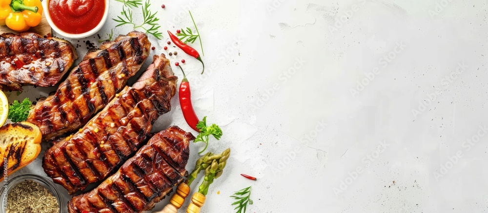 Poster grill meat on bread with spices and sauces pastel background. with copy space image. place for addin