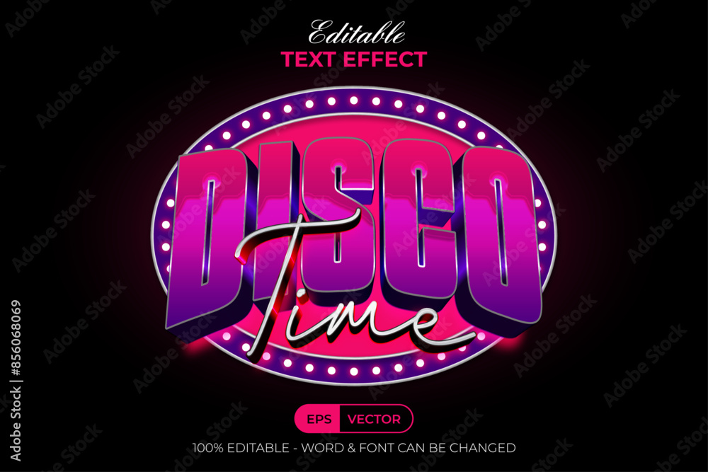 Poster disco time text effect retro style. editable text effect.