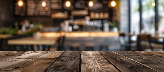 Empty wooden table and blurred cafe interior background. with copy space image. Place for adding text or design
