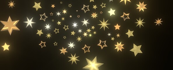 Banner with golden decoration. Festive border with falling glitter dust and stars.