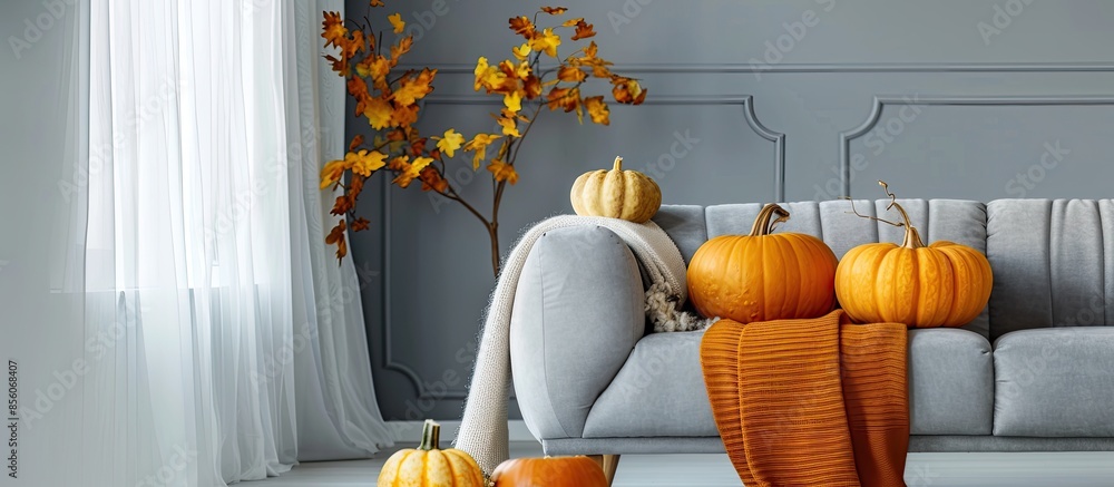 Poster interior of modern living room with comfortable sofas and pumpkins. with copy space image. place for
