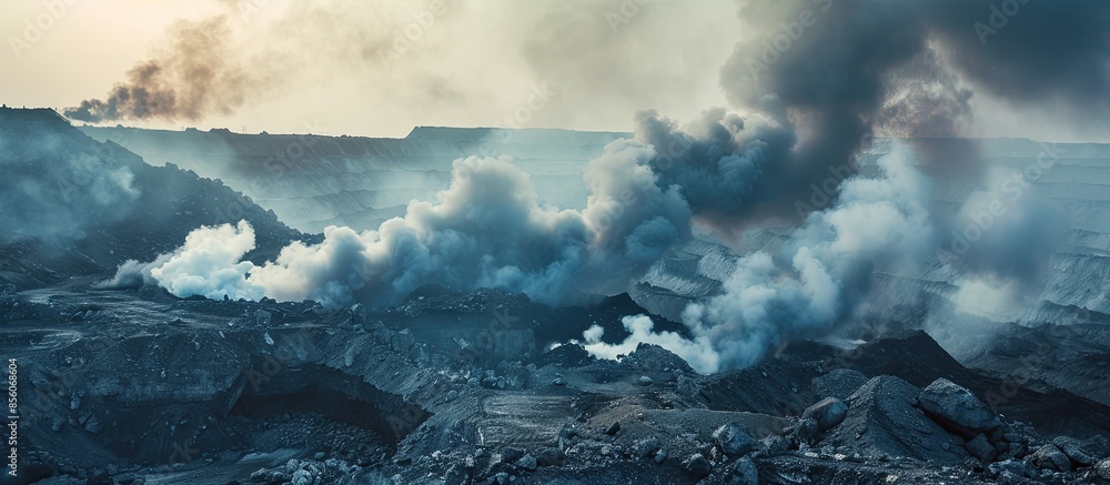 Poster explosive works on open pit coal mine industry with dust and puffs of smoke. copy space image. place