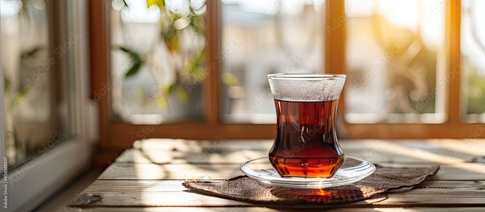 Poster Glass with hot Turkish tea on table in kitchen. with copy space image. Place for adding text or design