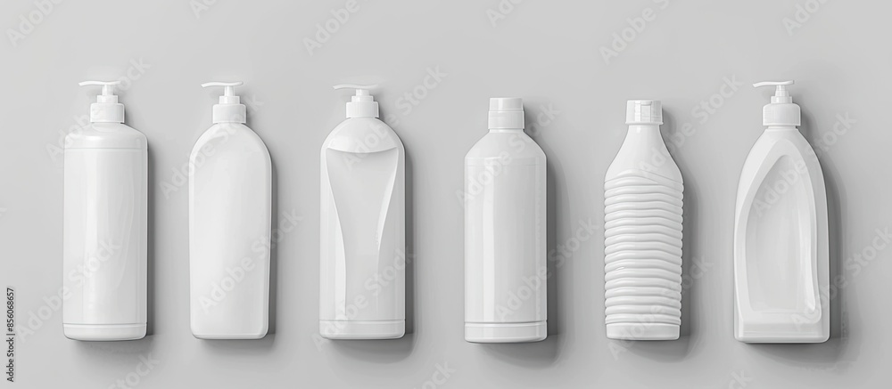 Poster Six white plastic bottles with shampoo and conditioner and shower gel on a white background. with copy space image. Place for adding text or design