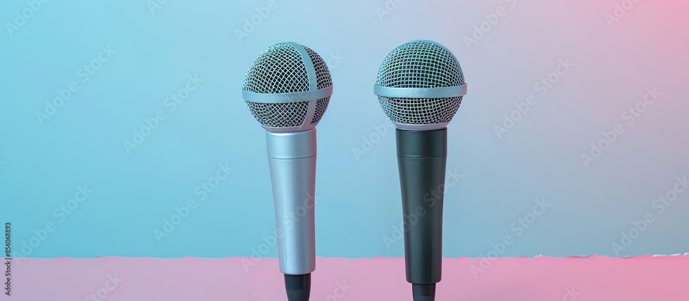 Poster Two silver microphones isolated over pastel background . Two wireless microphones on the conference table. with copy space image. Place for adding text or design