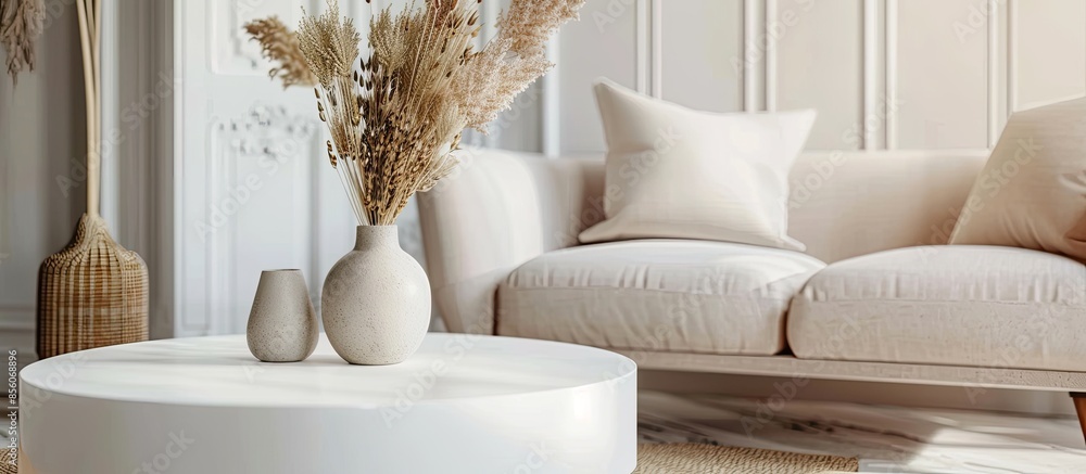 Poster Part of large cozy and light living-room with white round table with handmade vases, comfortable sofa and armchair in apartment. Copy space image. Place for adding text or design