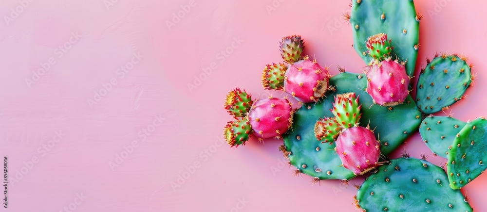Fototapete Prickly pear cactus with five fruits on it pastel background. with copy space image. Place for adding text or design