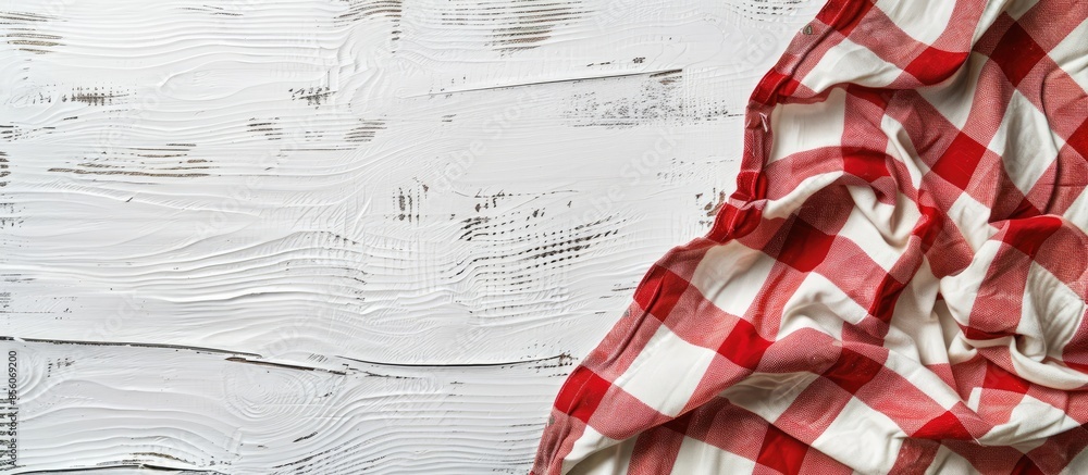 Poster the tablecloth checkered red and white fabric cotton folded place on a white table with copy space. 