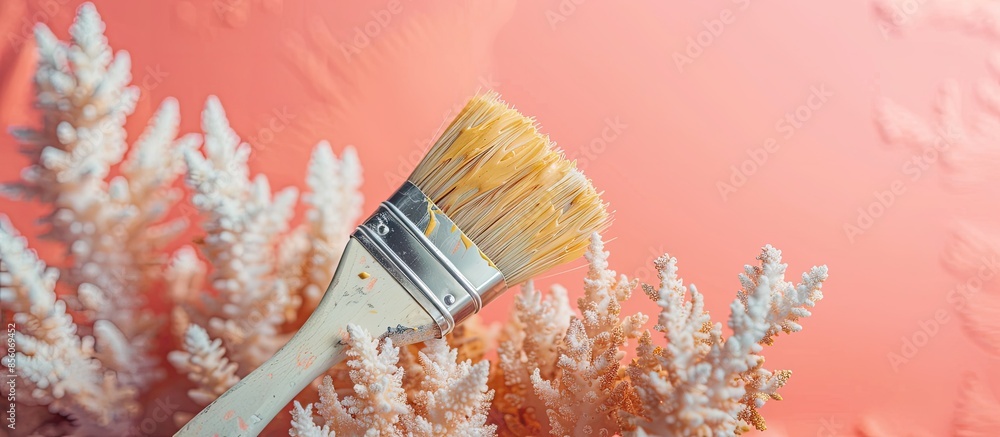 Poster new yellow paint brush on a living coral background. with copy space image. place for adding text or