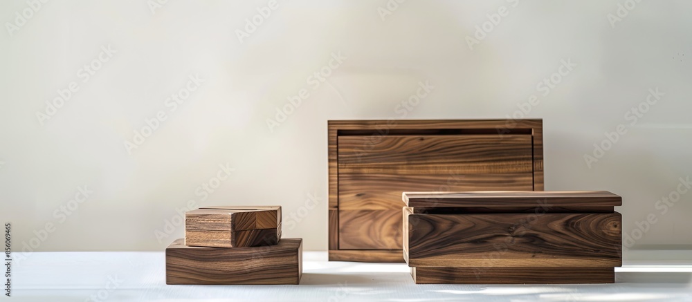 Poster modern furniture set, wooden table , wooden dawer box on white background . with copy space image. p