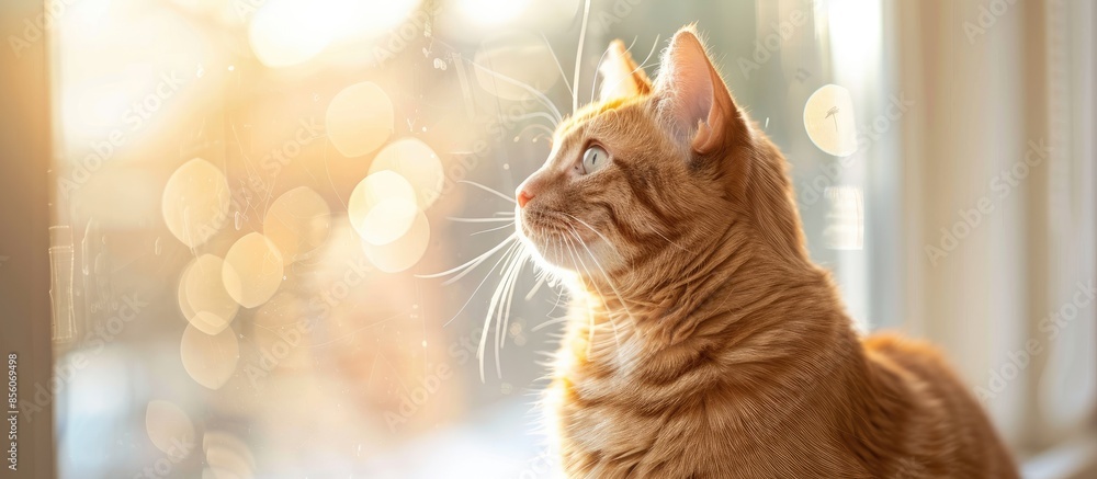 Poster beautiful cat sitting on a window with sunlight background. with copy space image. Place for adding text or design