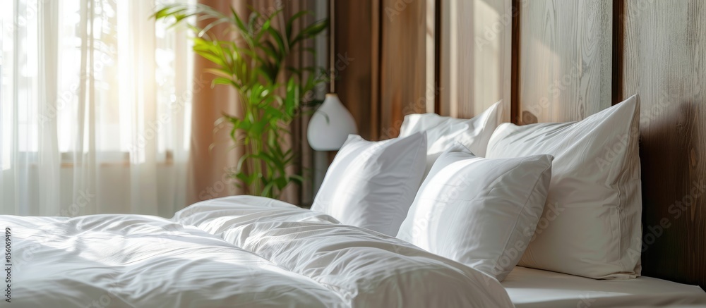 Poster comfortable white pillows decoration on bed. with copy space image. place for adding text or design