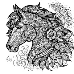 Patterned Horse Head Coloring Page Mandala Horse Coloring Page Zentangle Horse Coloring Page