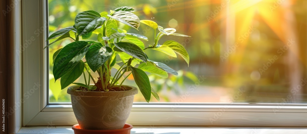 Leinwandbilder money tree flower in a pot on the windowsill. with copy space image. place for adding text or design