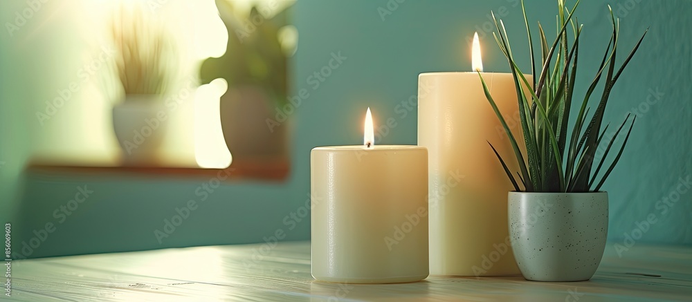 Poster White candles on stand with plant in pot on the table. with copy space image. Place for adding text or design
