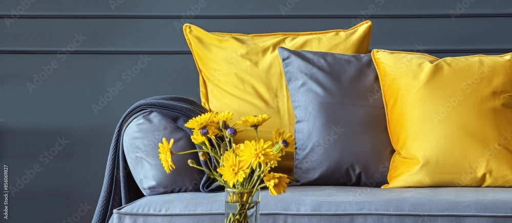 Poster bright yellow cushions decorating a gray sofa. with copy space image. place for adding text or desig