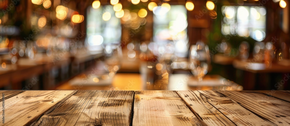 Poster wood table space on blur restaurant background. with copy space image. place for adding text or desi