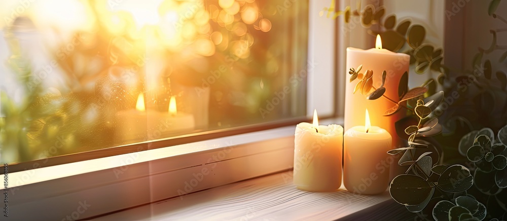 Aufkleber beautiful burning candles on windowsill. with copy space image. place for adding text or design