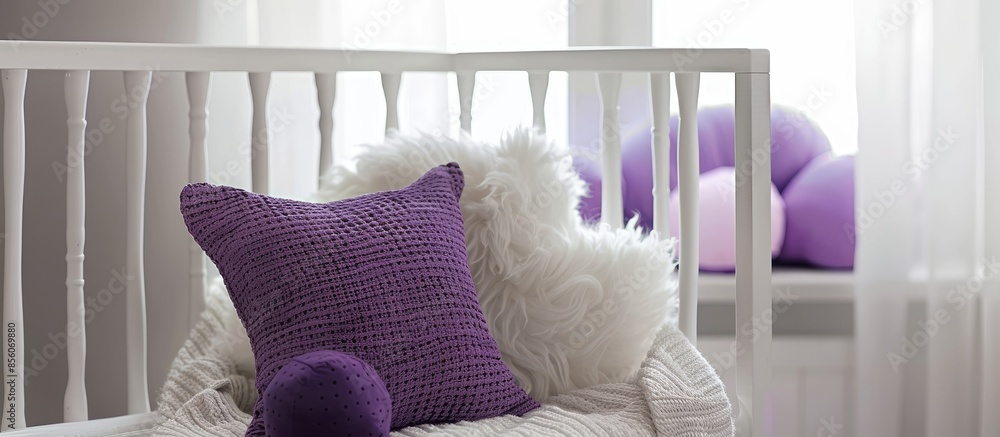 Poster nursery decoration with white nursery and purple pillow . with copy space image. place for adding te