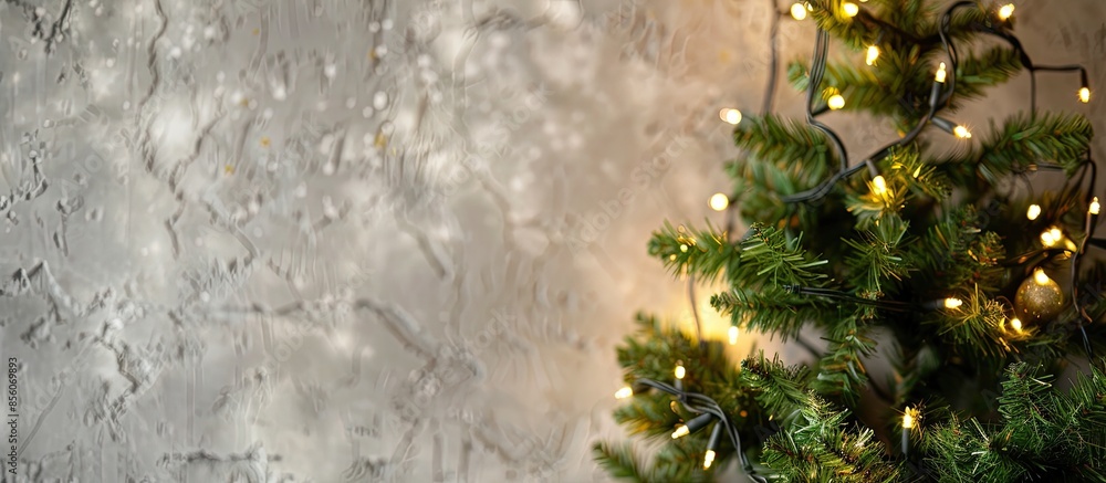Aufkleber glowing christmas tree near light wall, closeup. with copy space image. place for adding text or des