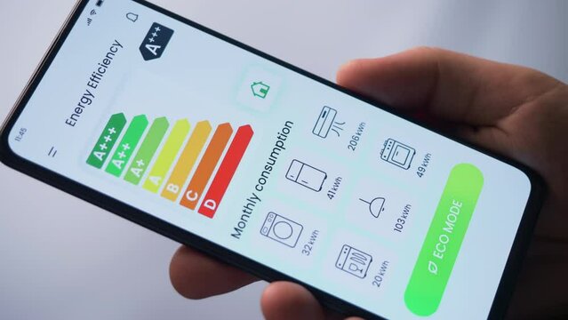 Turning on ECO mode on smart home app. Increasing savings by decreasing energy consumption of a house. Fictional Interface.