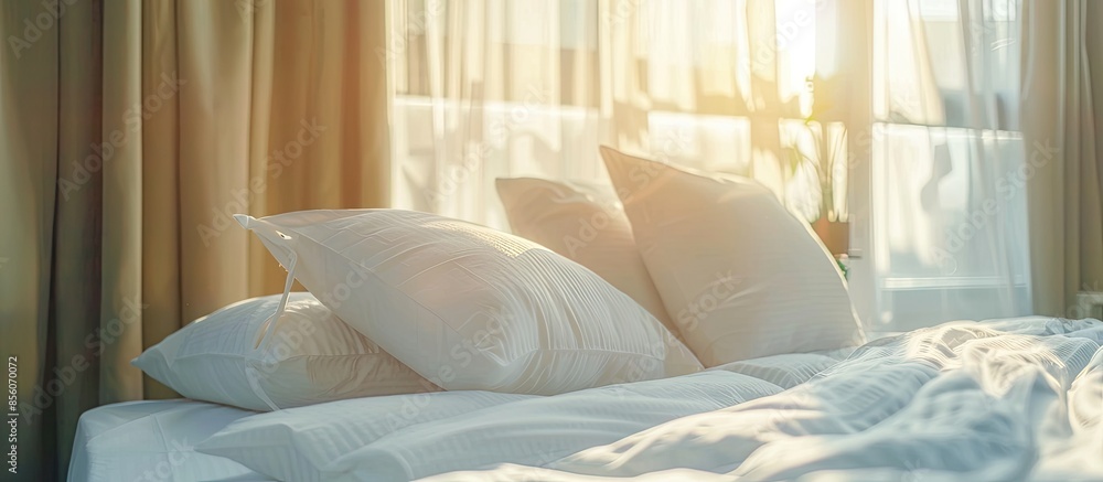 Poster comfortable white pillows decoration on bed. with copy space image. place for adding text or design