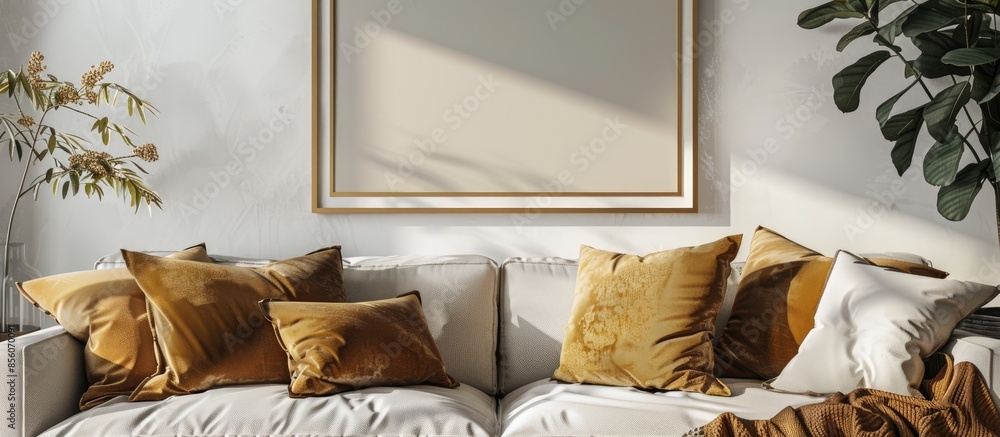 Aufkleber Cosy sofa with pillows and blank frame above. with copy space image. Place for adding text or design