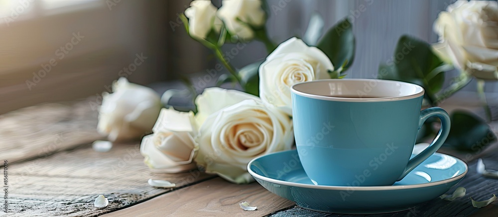 Poster Blue cup on a table with white roses near. with copy space image. Place for adding text or design