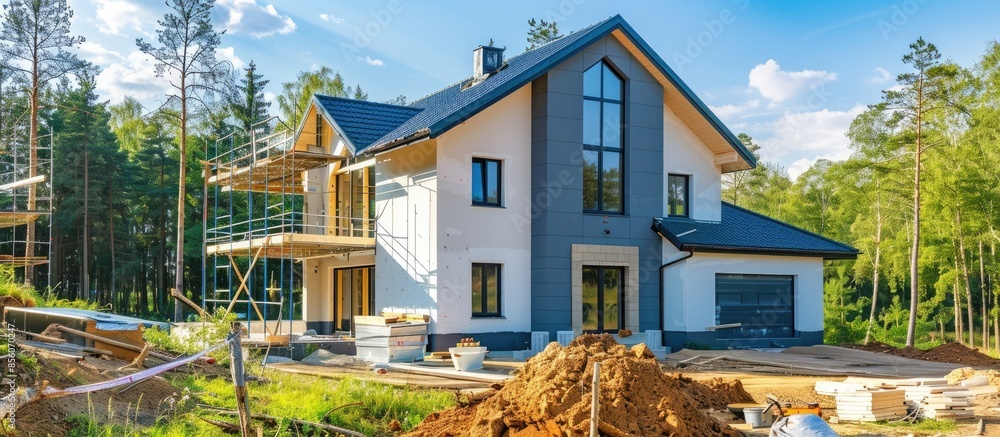 Poster exterior view of new house under construction and painting.home renovation and construction concepts