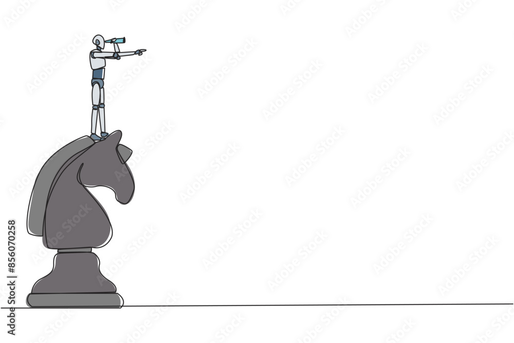 Poster single continuous line drawing robotic smart technology on top of big horse chess piece using monocu