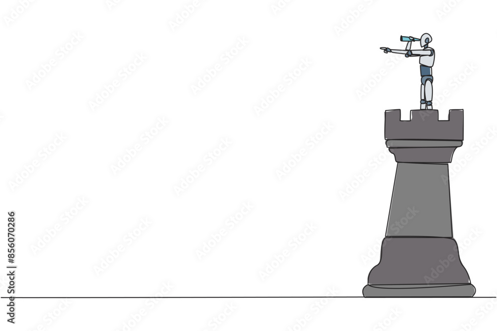 Poster continuous one line drawing robot future tech on top of big rook chess piece using monocular looking