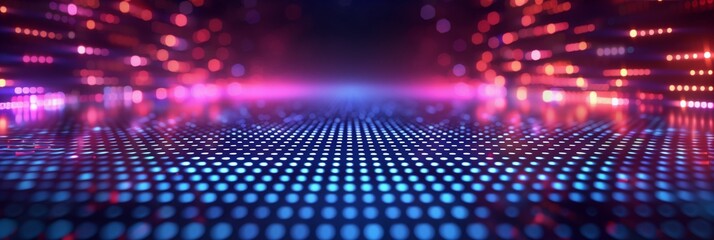 Neon grid patterns with glowing dots in futuristic digital landscape with bokeh and space for text. Concept of technology, virtual reality, and cyber aesthetics