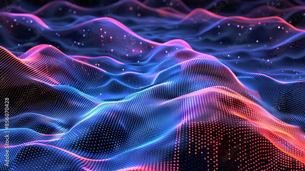 Poster abstract futuristic illustration of data technology, showcasing a wave composed of connecting dots a