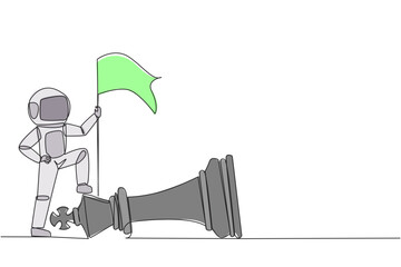 Single continuous line drawing young astronaut holds flag, defeat competitor in business as winning chess game. Strategy success using powerful move for advantage. One line design vector illustration