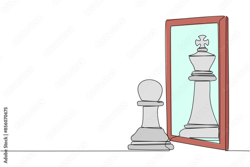 Poster continuous one line drawing pawn chess standing in front of mirror, reflecting chess king. metaphor 