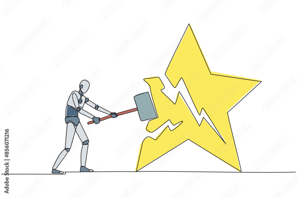 Poster single continuous line drawing smart robot preparing to hit the big star. the destroyer of dream. fa