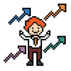 Cute pixel cartoon 8bit character business man businessman smart work life office game for decoration business 8 bit male career smart character game vector.