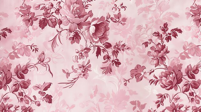 Floral-adorned pink toile fabric with delicate patterns on a light pink backdrop