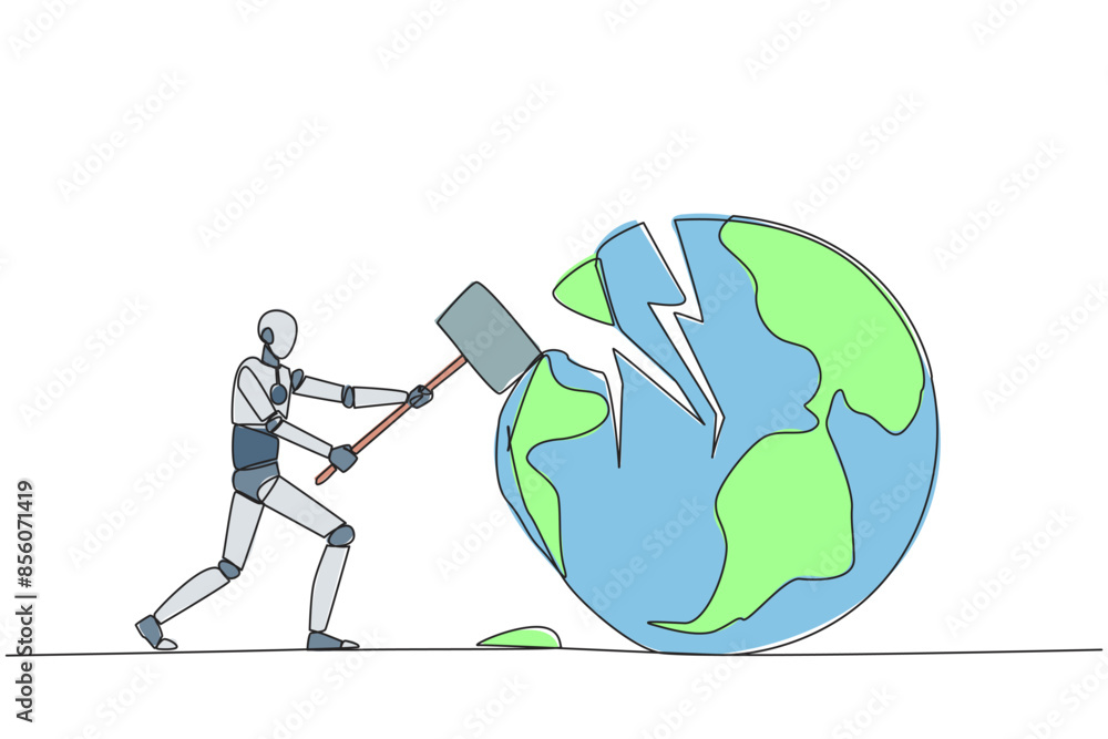 Poster single continuous line drawing smart robotic preparing to hit the big globe. disappointed with the w