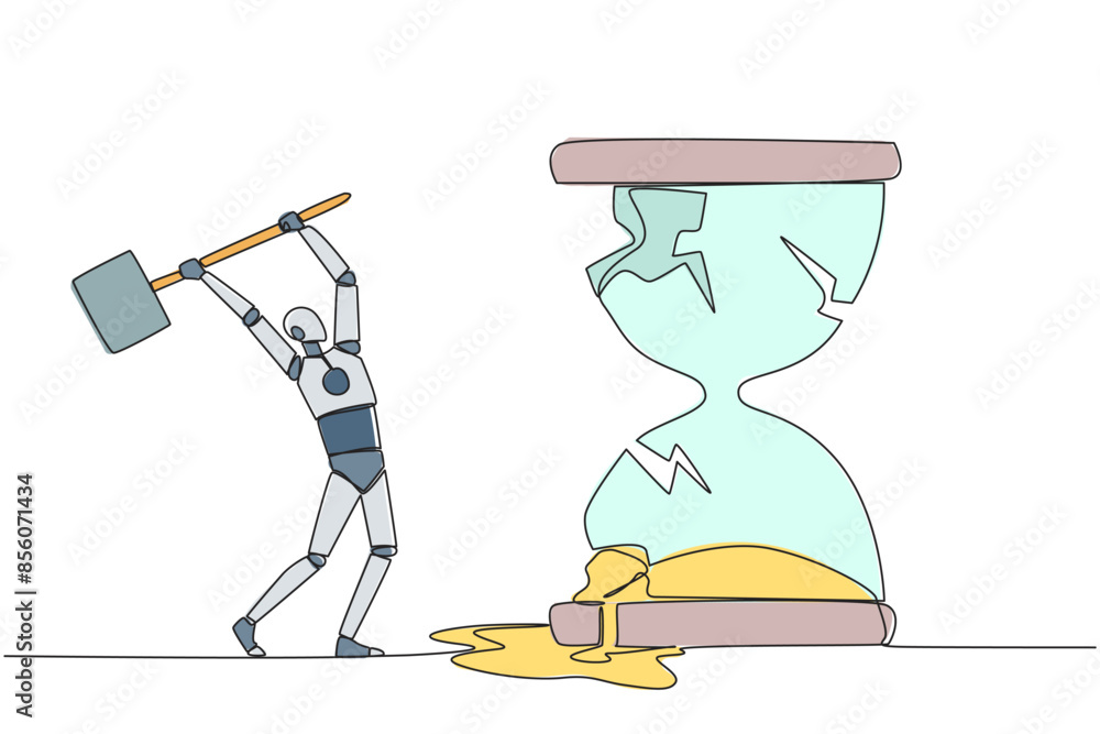 Poster continuous one line drawing robot preparing to hit the big hourglass. remove reminders. work without