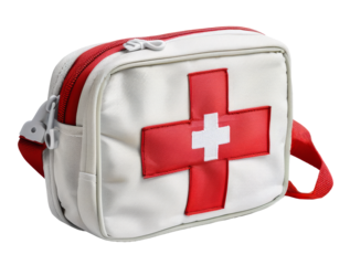 White first aid kit with a red cross symbol, essential for medical emergencies, against a transparent background.