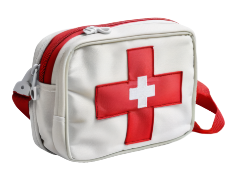 White first aid kit with a red cross symbol, essential for medical emergencies, against a transparent background.
