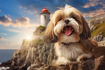Portrait of a funny shih tzu on majestic lighthouse on a cliff background